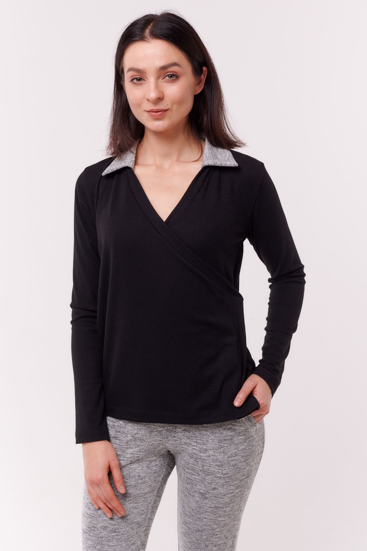 Charcoal Black Long Sleeve Wrap Top