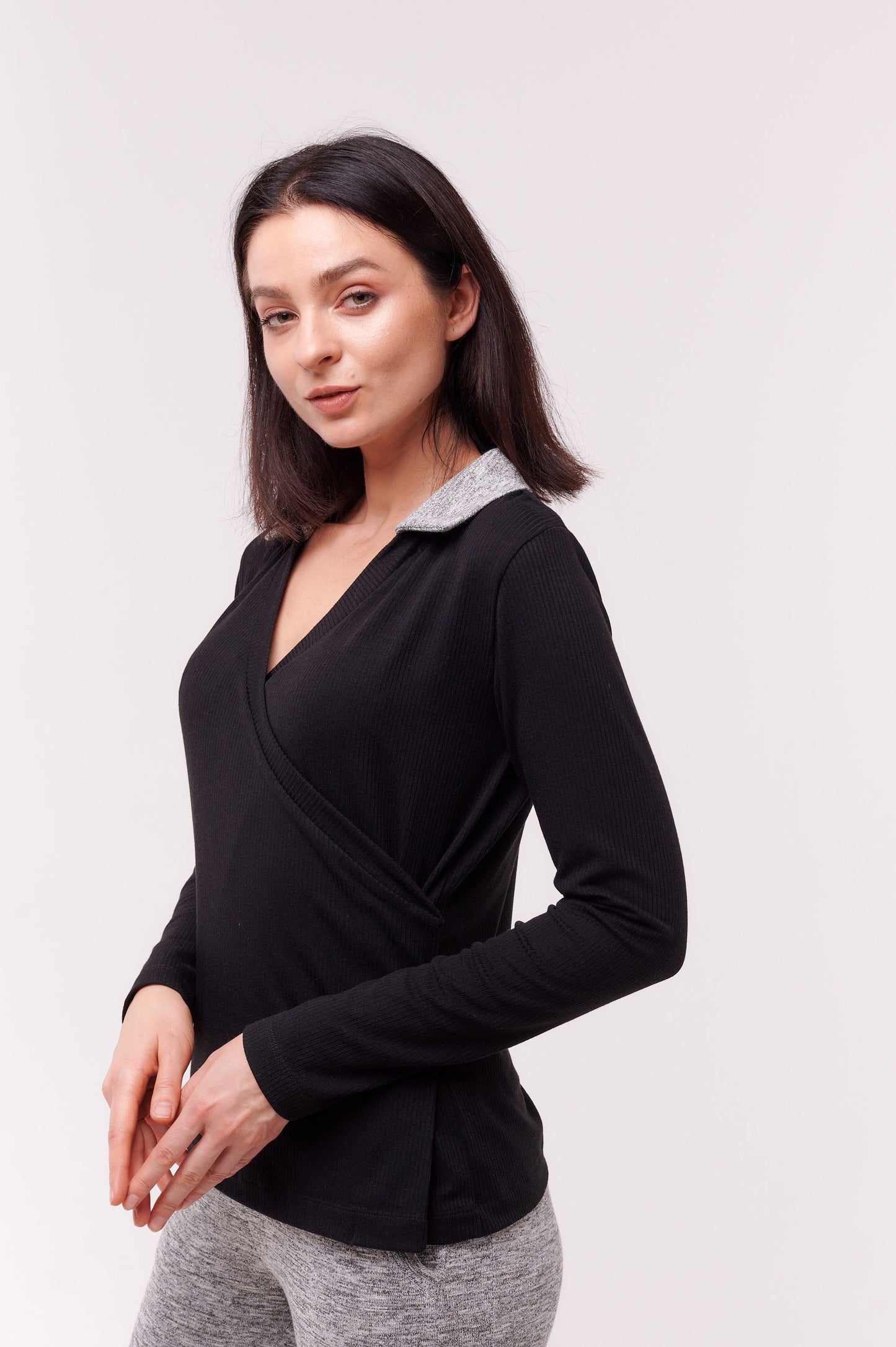 Black Long Sleeve Wrap Top