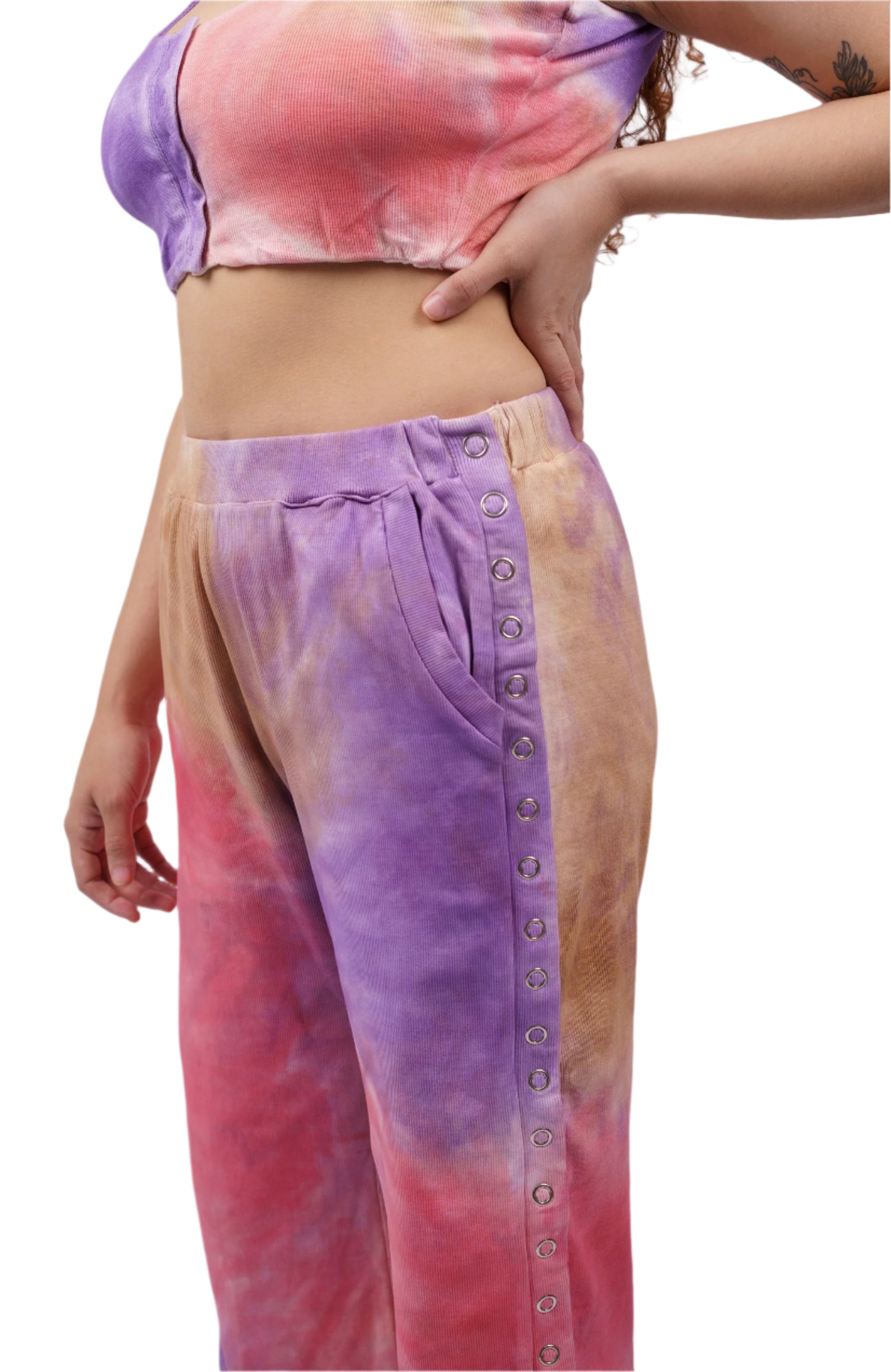 closeup image of women waist wearing elastic special needs outfit with pants and top